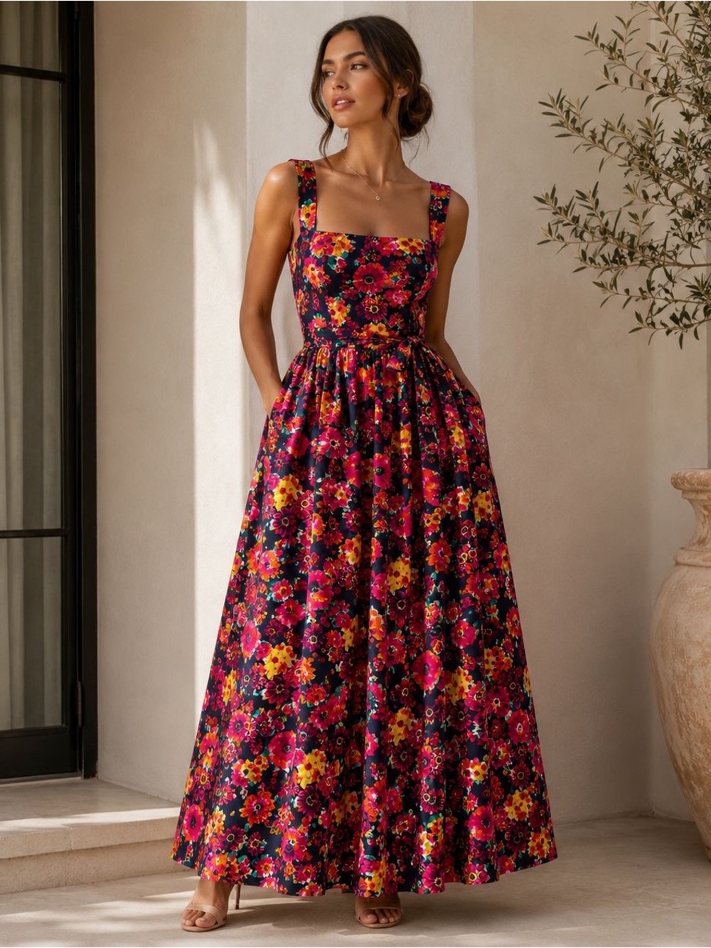 Italian Floral Cotton Corset Fit & Flare Maxi Dress Lusio NWOT Size M